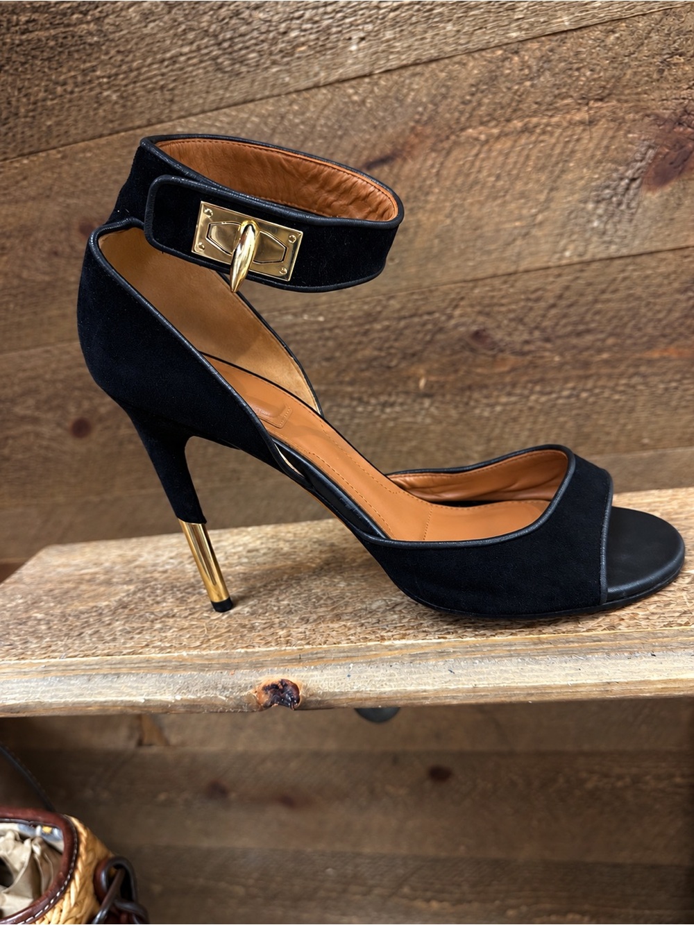 Givenchy Black Suede Shark Lock Gold Hardware High Heel Sandals Size 38